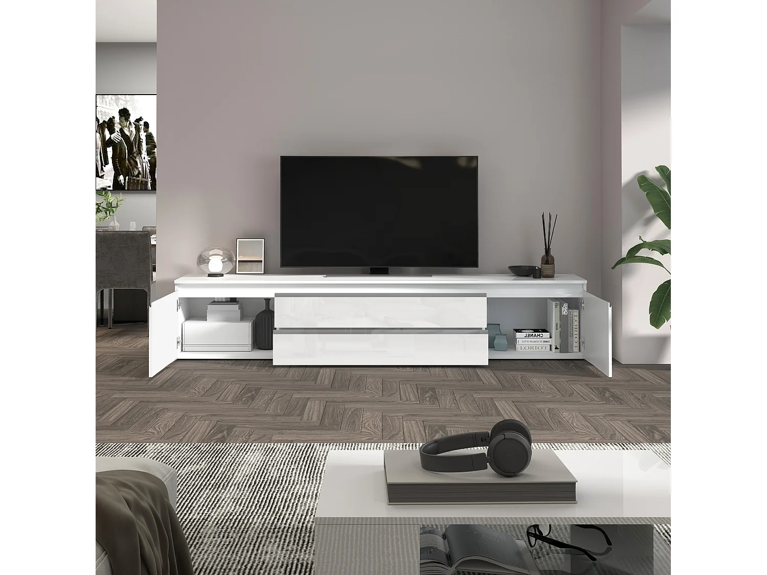 Mobile porta TV  Magic con 2 ante e 2 cassetti bianco lucido 240x40x55 cm