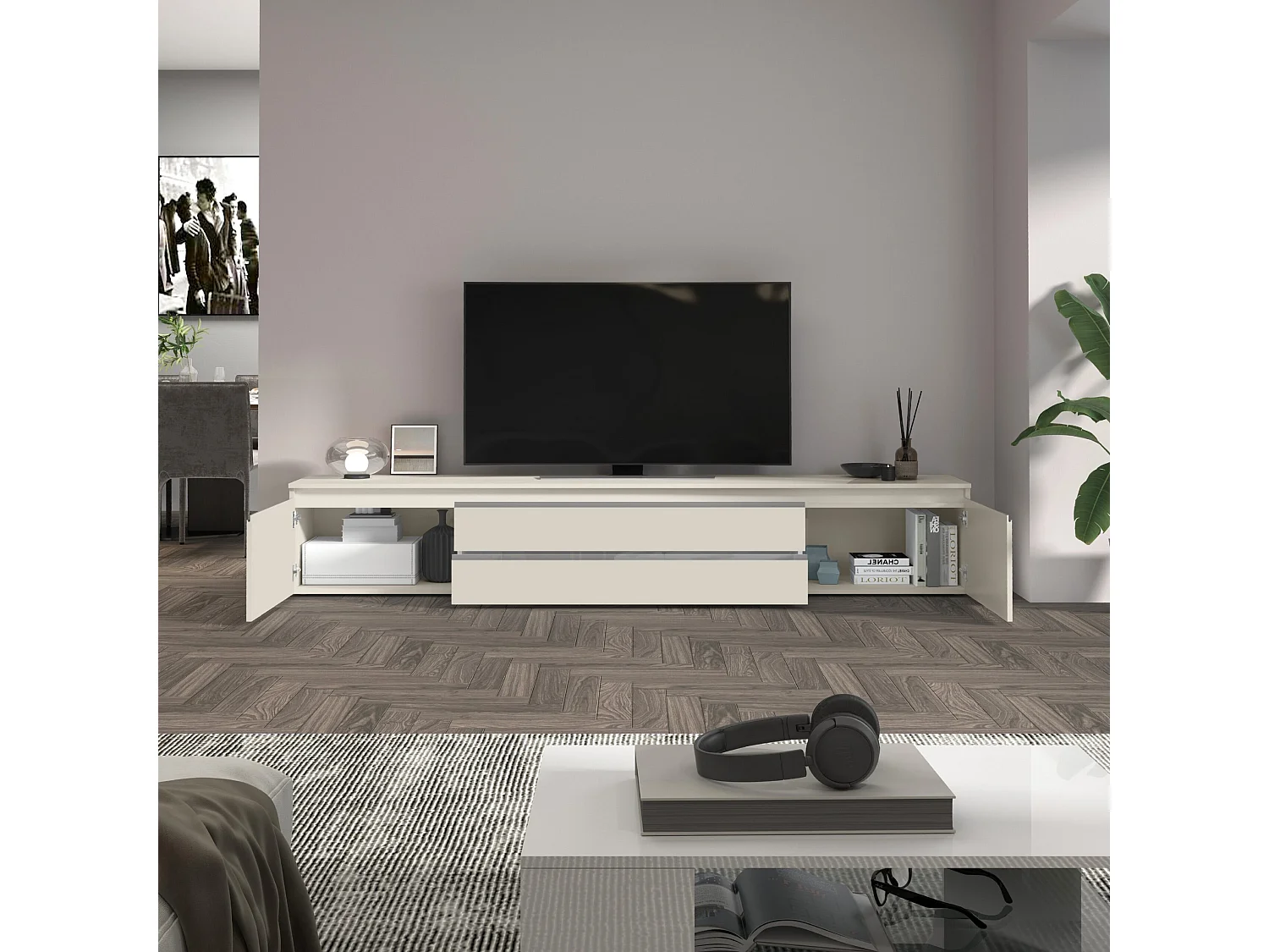 Mobile porta TV  Magic con 2 ante e 2 cassetti cashmere 240x40x40 cm