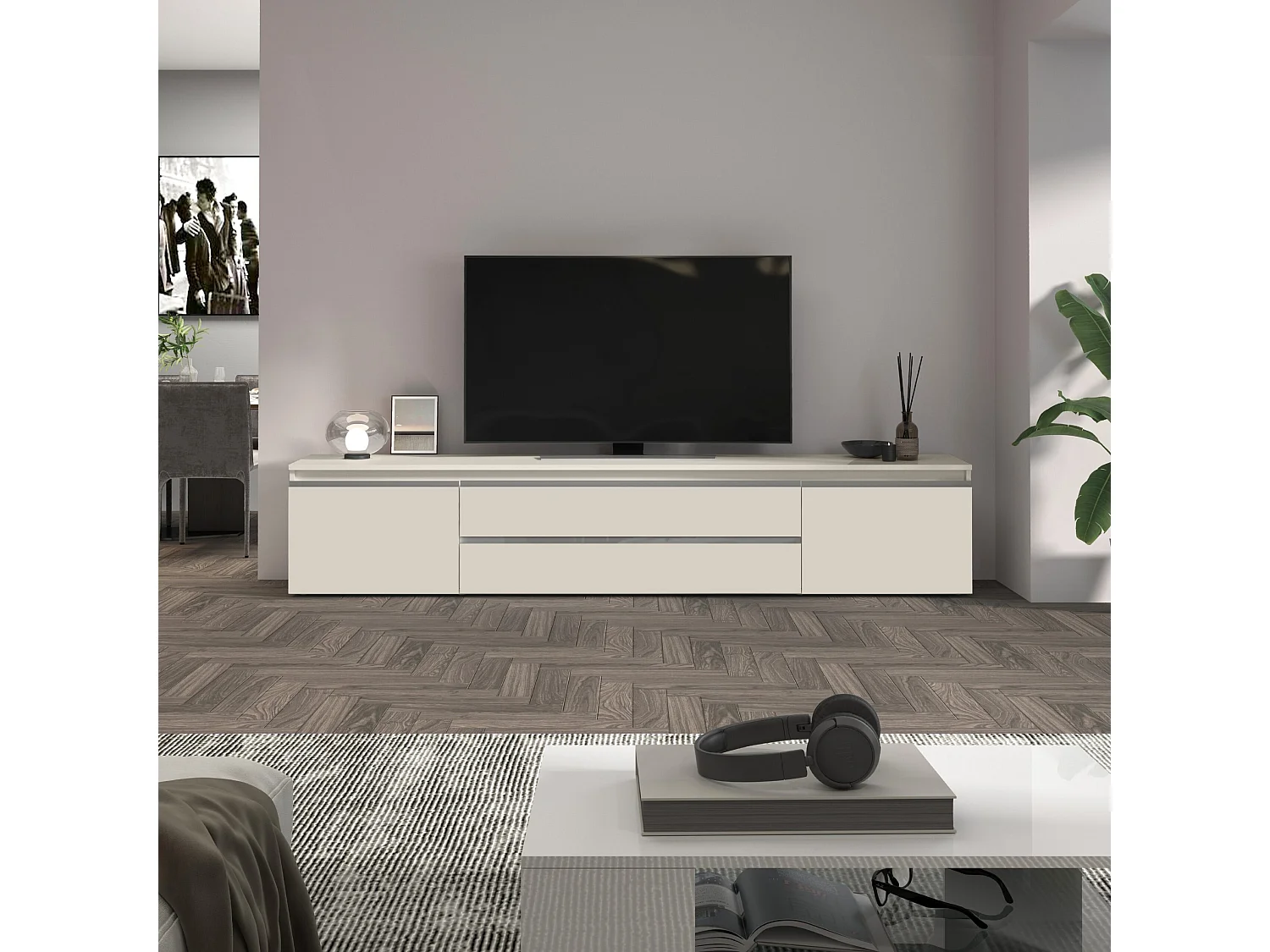 Mobile porta TV  Magic con 2 ante e 2 cassetti cashmere 240x40x55 cm