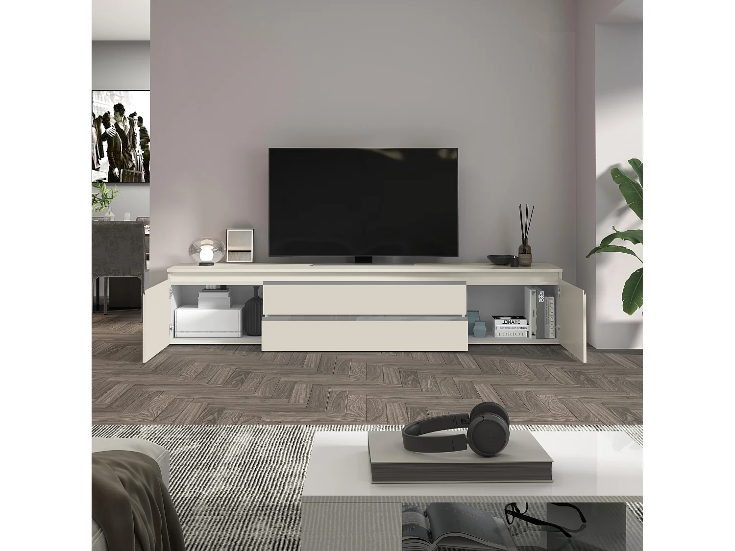 Mobile porta TV  Magic con 2 ante e 2 cassetti cashmere 240x40x55 cm