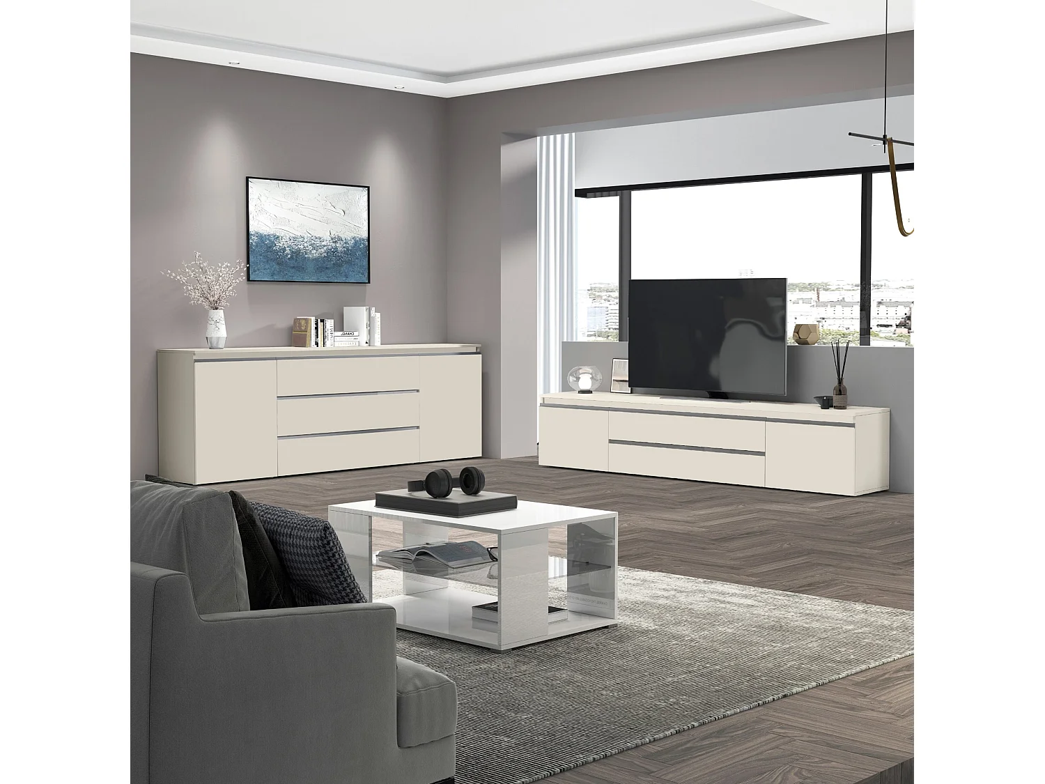 Mobile porta TV  Magic con 2 ante e 2 cassetti cashmere 240x40x55 cm