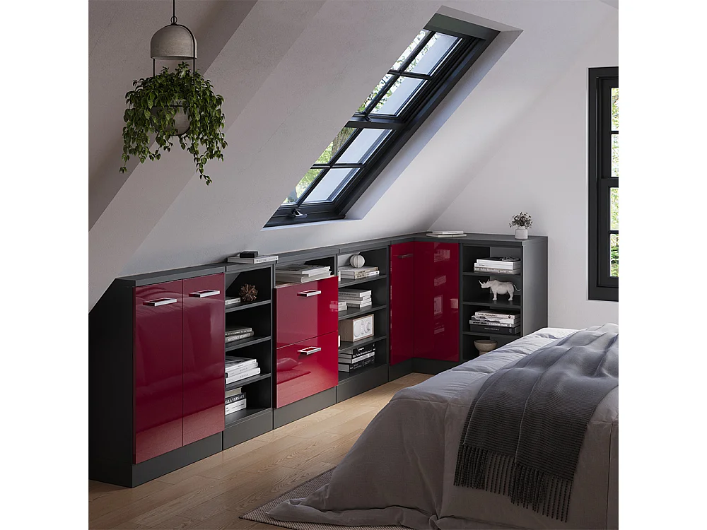 Armario de cocina esquinero para techo inclinado rojo de alto brillo 75.6x75.6x81.6 r-line