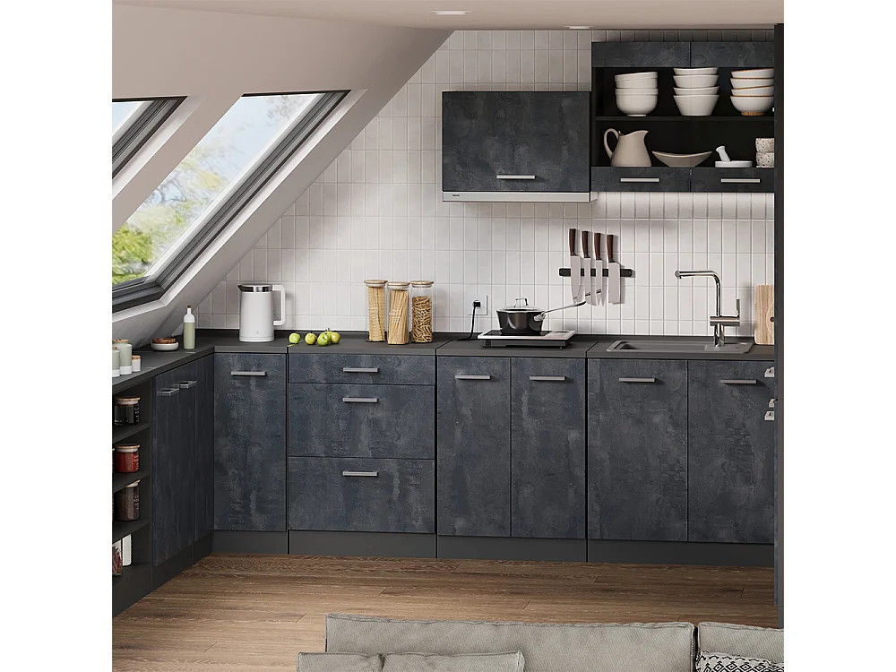 Corner kitchen cabinet for sloping roofs black concrete 75.6x75.6x81.6 r-line