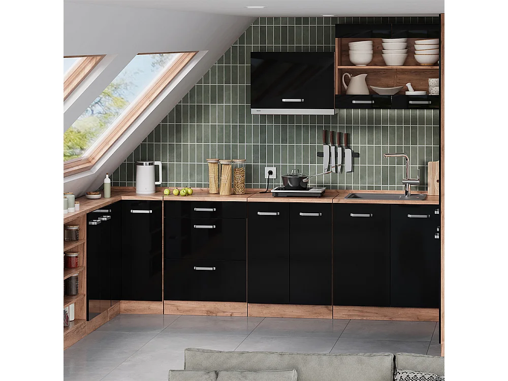 Corner kitchen cabinet for sloping roofs black high gloss 75.6x75.6x81.6 r-line