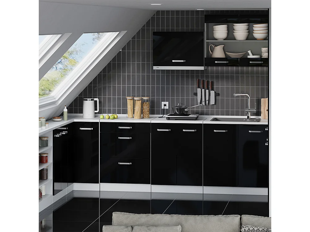 Corner kitchen cabinet for sloping roofs black high gloss 75.6x75.6x81.6 r-line