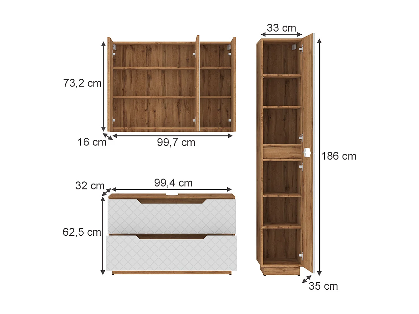 Badkamermeubelset eiken/wit met tegelstructuur 99.4x32x62.5 lotta