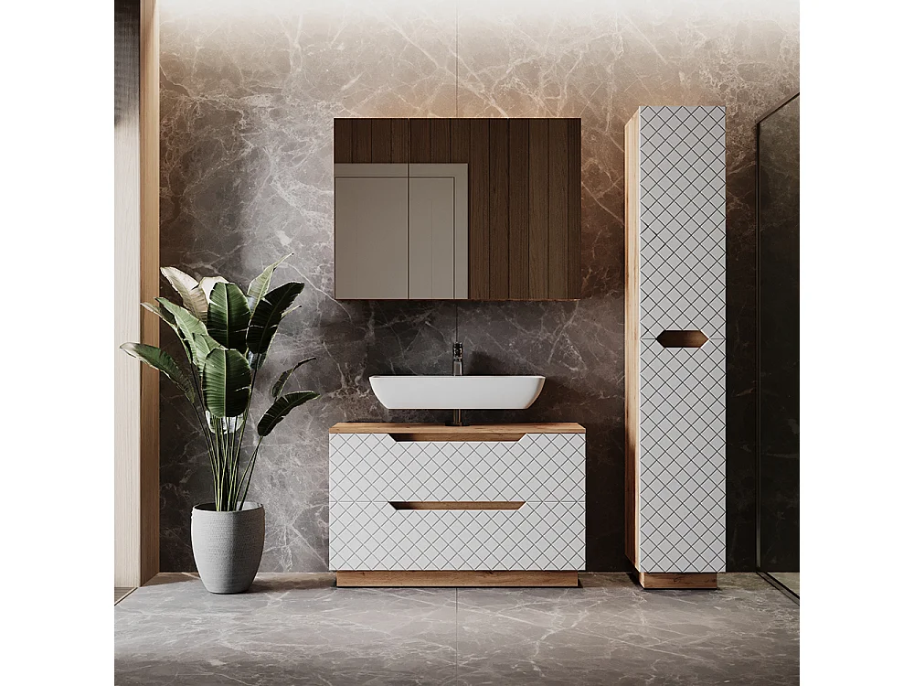 Badkamermeubelset eiken/wit met tegelstructuur 99.4x32x62.5 lotta