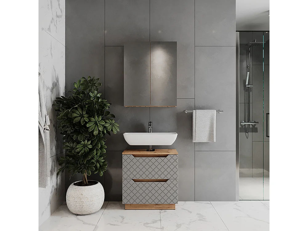 Badmöbel-Set eiche/grau mit kachelstruktur 59.8x32x62.5 lotta