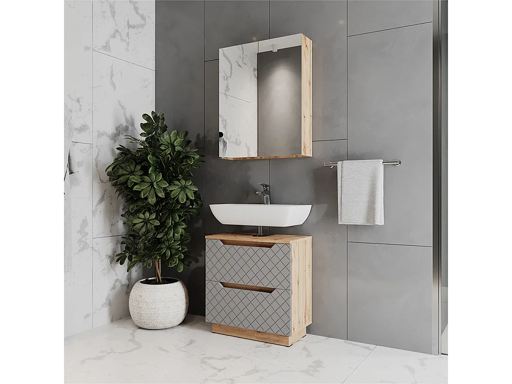 Badmöbel-Set eiche/grau mit kachelstruktur 59.8x32x62.5 lotta
