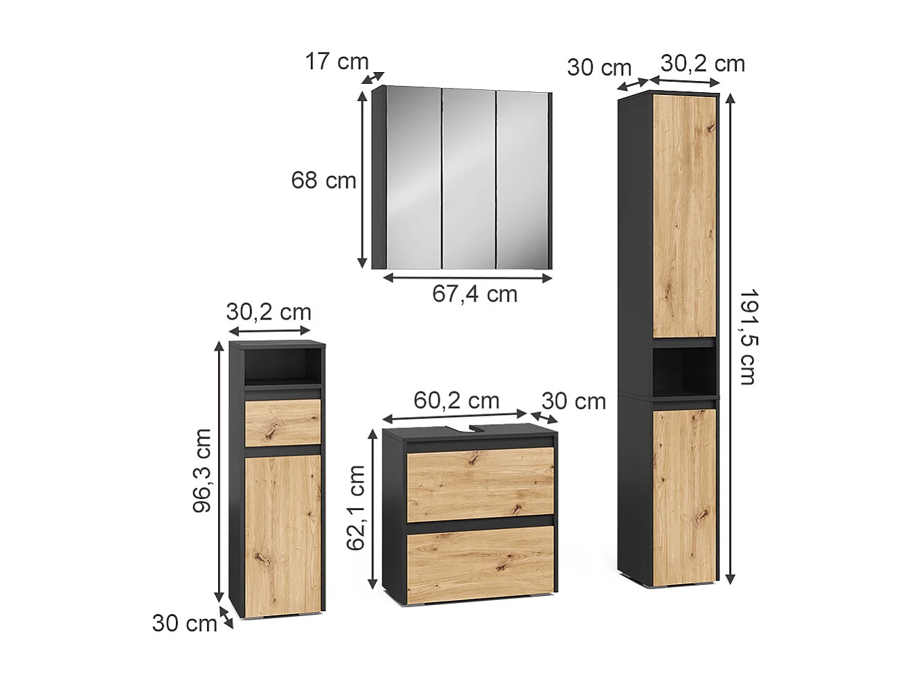 Meubles bain anthracite/artisan 60.1x30.1x62 majest