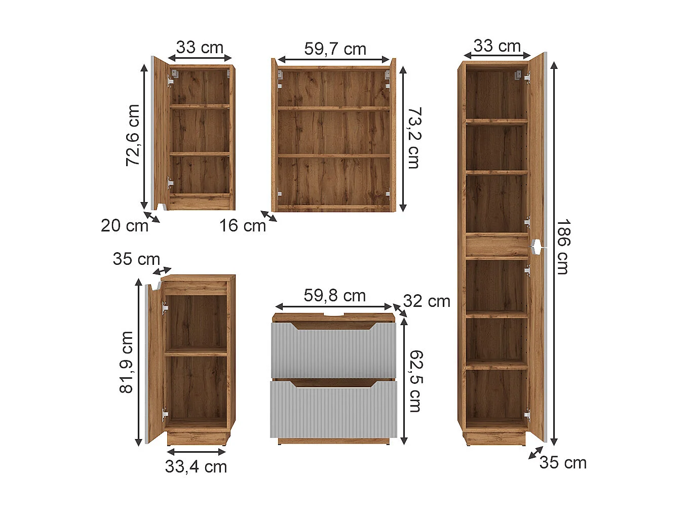 Badeværelsesmøbler sæt eg/grå stribet 59.8x32x62.5 lotta