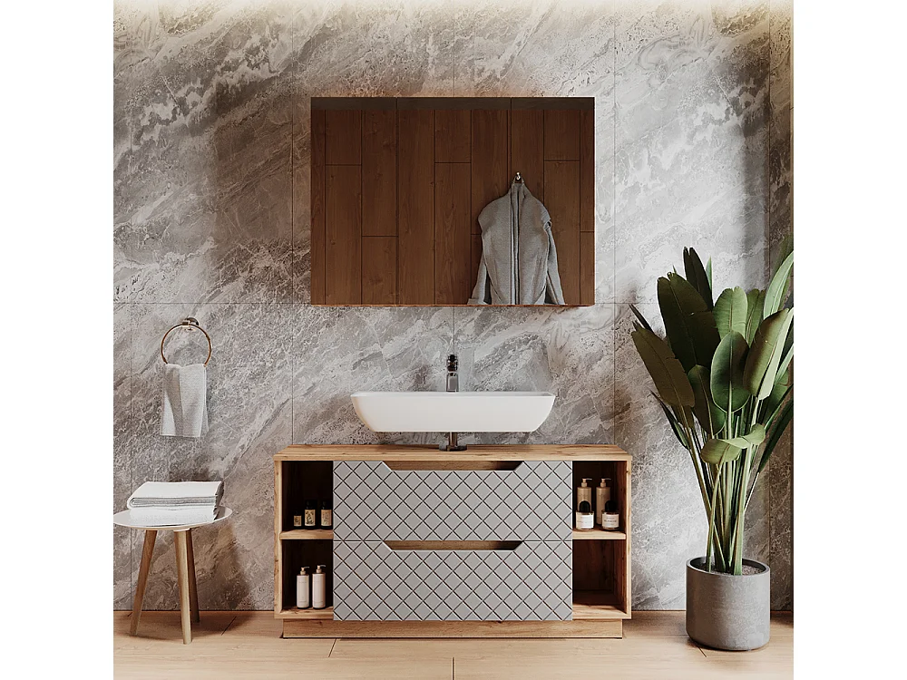 Meubles bain chêne/gris avec structure en carreaux 119.2x35x62.5 lotta