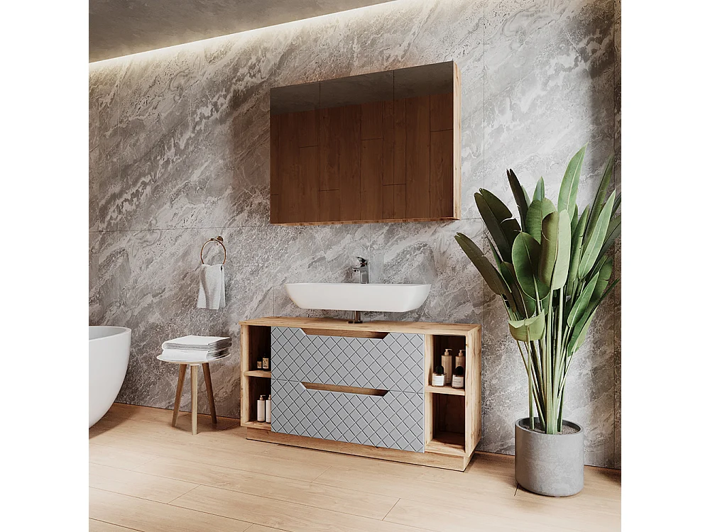 Meubles bain chêne/gris avec structure en carreaux 119.2x35x62.5 lotta