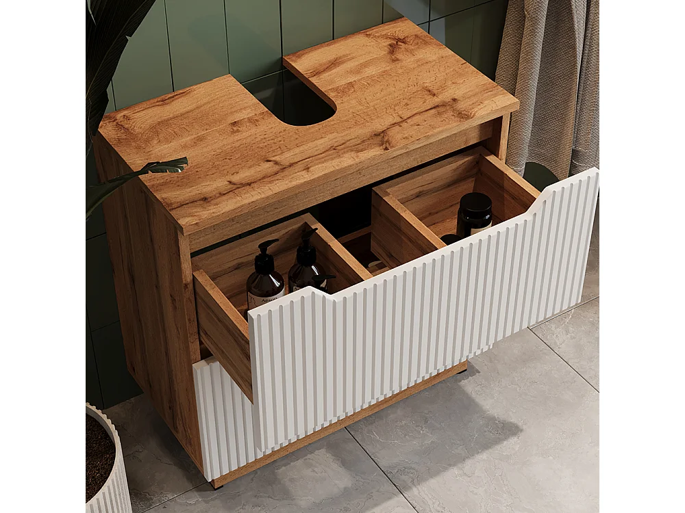 Meubles bain chêne/blanc rayé 59.8x32x62.5 lotta