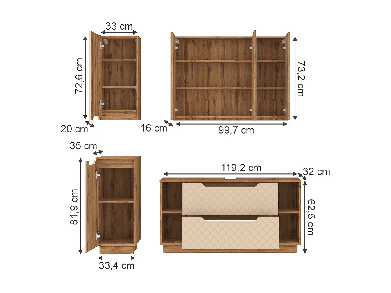 Badmöbel-Set eiche/kaschmir mit kachelstruktur 119.2x35x62.5 lotta