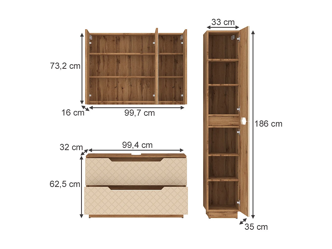Badkamermeubelset eiken/kasjmier met tegelstructuur 99.4x32x62.5 lotta