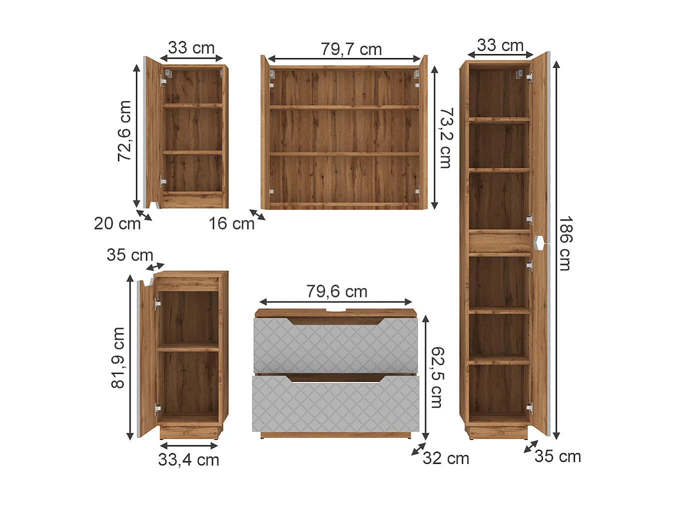 Meubles bain chêne/gris avec structure en carreaux 79.6x32x62.1 lotta