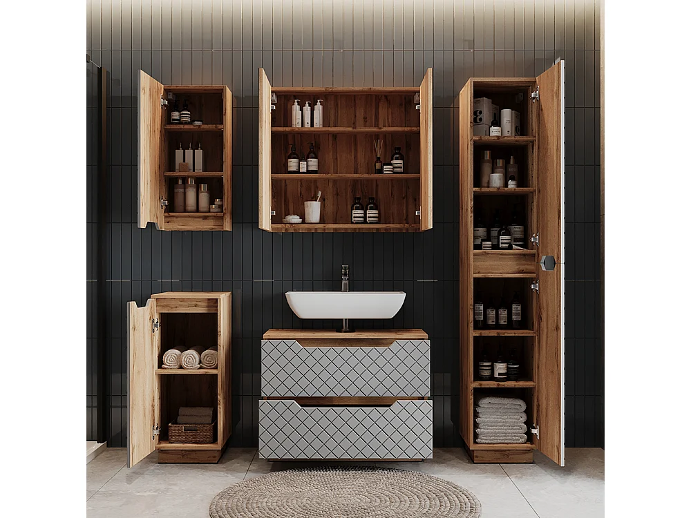 Meubles bain chêne/gris avec structure en carreaux 79.6x32x62.1 lotta
