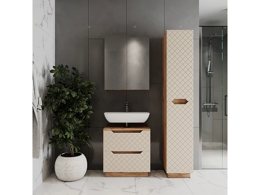 Badkamermeubelset eiken/kasjmier met tegelstructuur 59.8x32x62.5 lotta