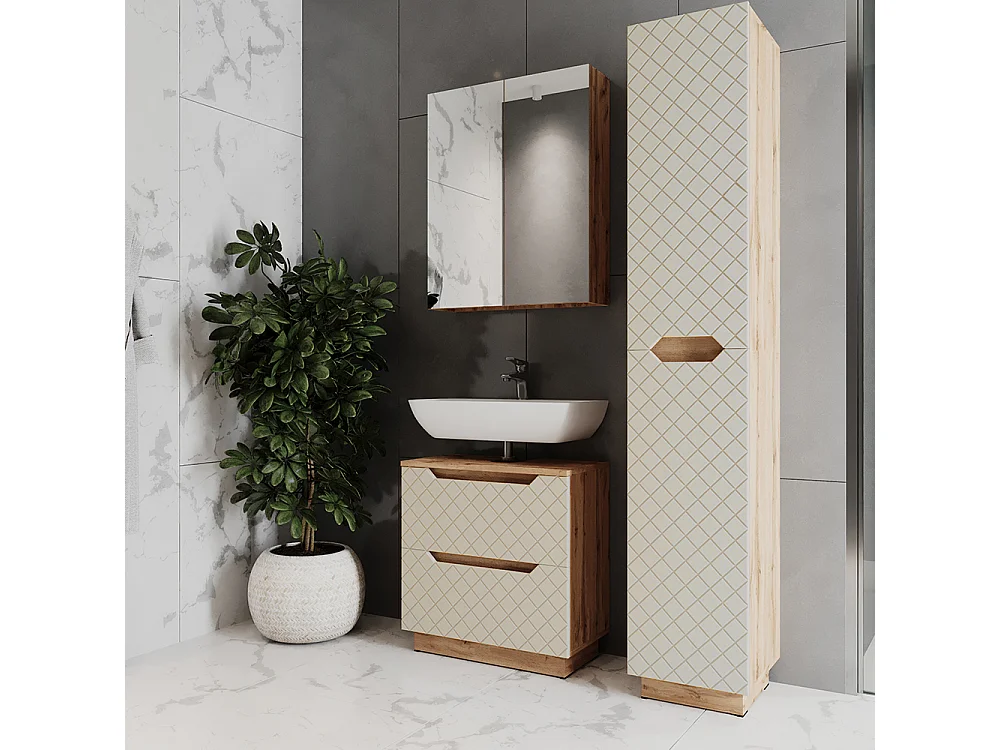 Badkamermeubelset eiken/kasjmier met tegelstructuur 59.8x32x62.5 lotta