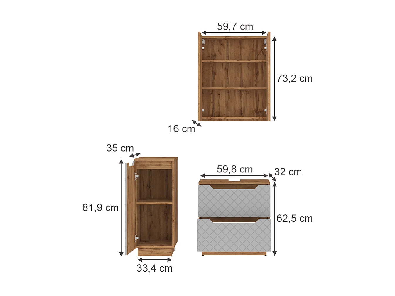 Badmöbel-Set eiche/grau mit kachelstruktur 59.8x32x62.5 lotta