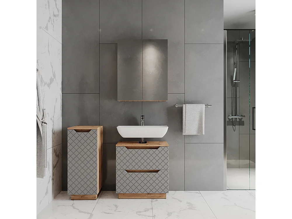 Badmöbel-Set eiche/grau mit kachelstruktur 59.8x32x62.5 lotta