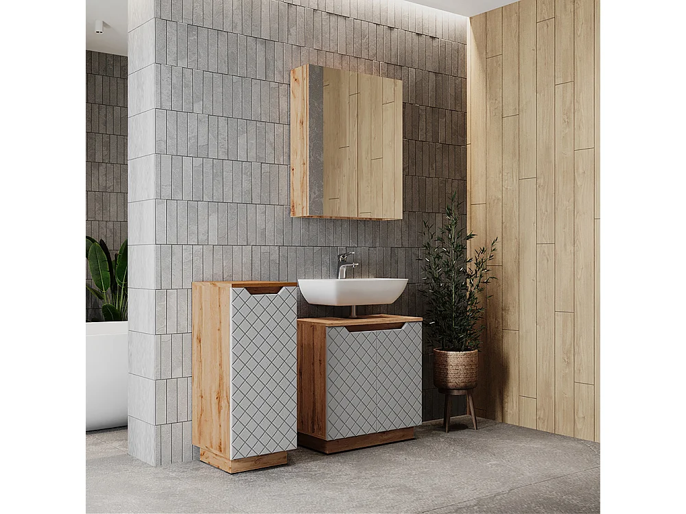 Badmöbel-Set eiche/grau mit kachelstruktur 59.8x32x62.1 lotta