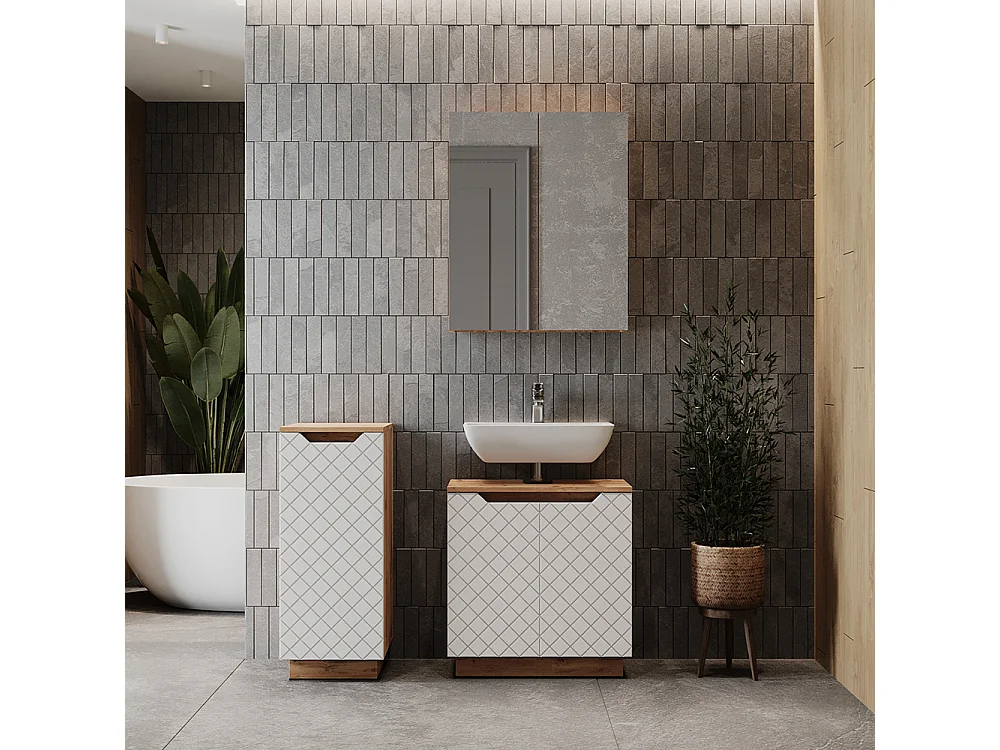 Meubles bain chêne/blanc avec structure en carreaux 59.8x32x62.1 lotta