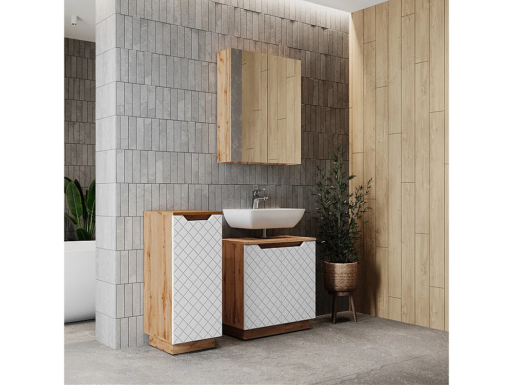 Meubles bain chêne/blanc avec structure en carreaux 59.8x32x62.1 lotta