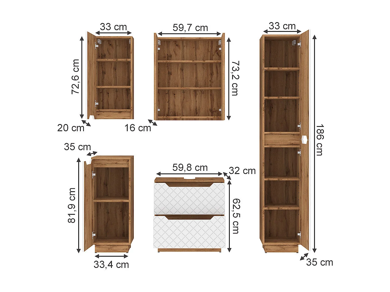 Badkamermeubelset eiken/wit met tegelstructuur 59.8x32x62.5 lotta