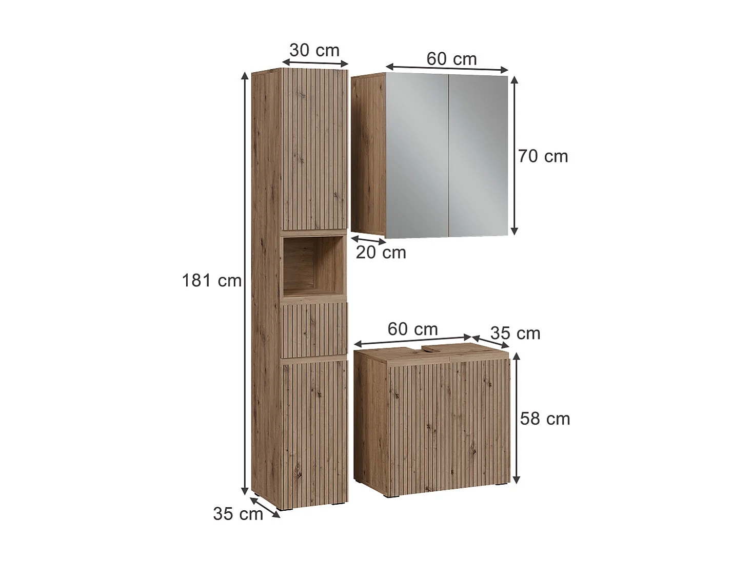 Ensemble de meubles de salle de bain 3 pièces artisan 60x35x58 takumi