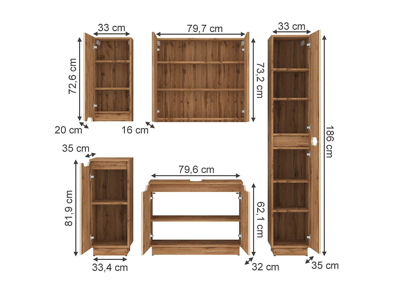 Badkamermeubelset eiken/kasjmier met tegelstructuur 79.6x32x62.5 lotta