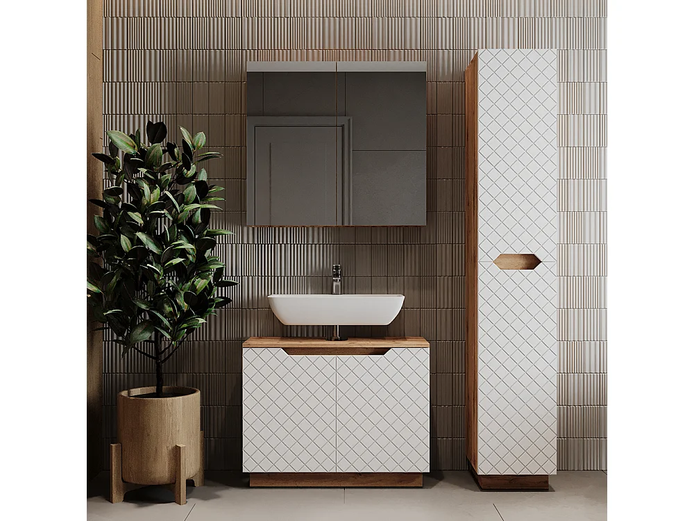 Badkamermeubelset eiken/wit met tegelstructuur 79.6x32x62.5 lotta