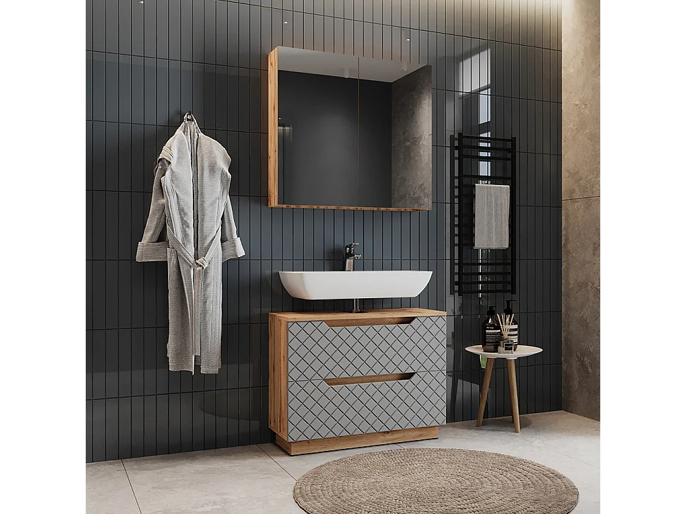 Set di mobili da bagno rovere/grigio con struttura in piastrelle 79.6x32x62.5 lotta