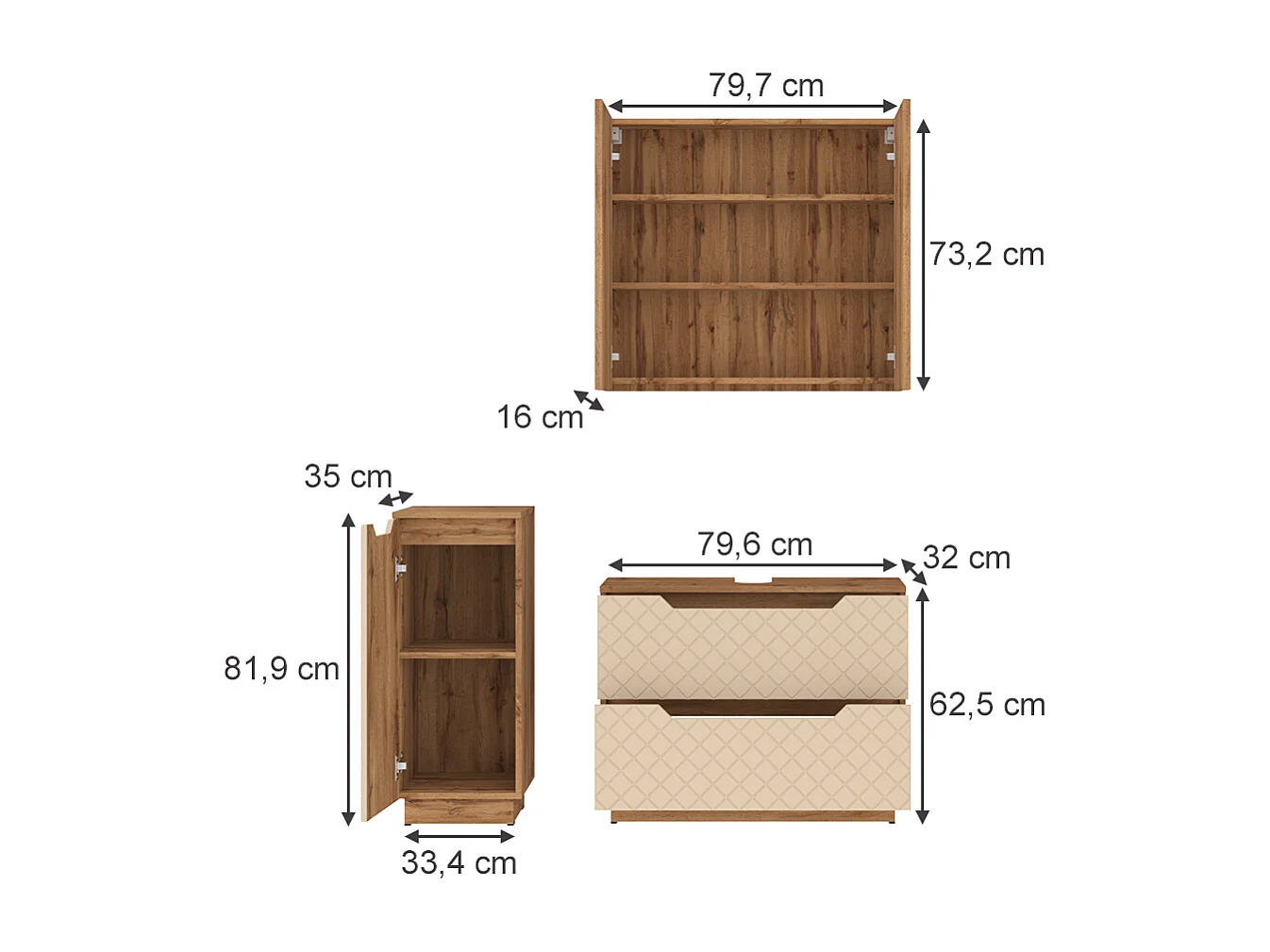 Set di mobili da bagno rovere/cashmere con struttura in piastrelle 79.6x32x62.5 lotta