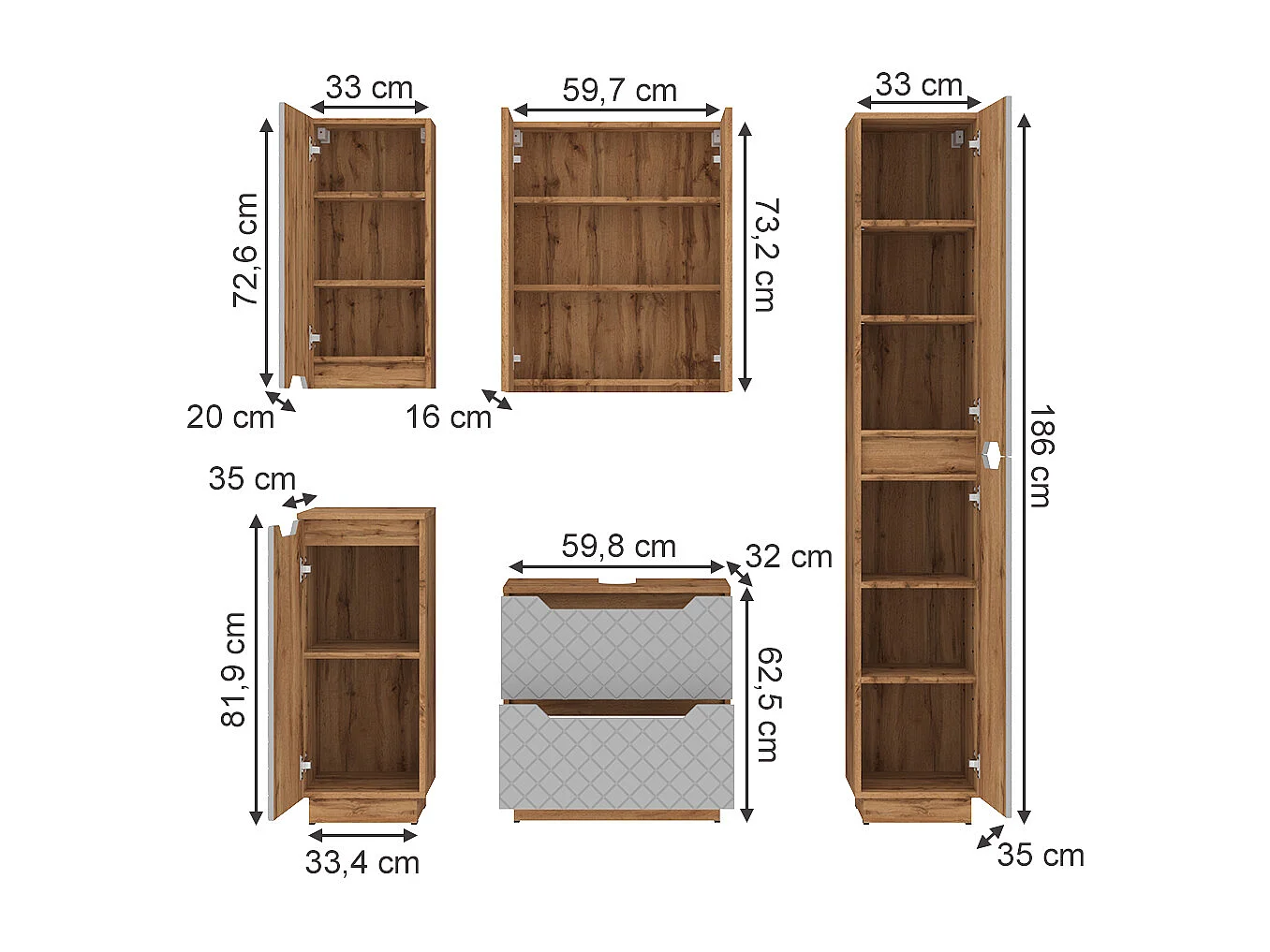 Badkamermeubelset eiken/grijs met tegelstructuur 59.8x32x62.5 lotta