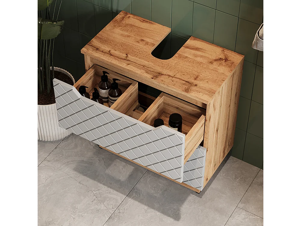 Badkamermeubelset eiken/grijs met tegelstructuur 59.8x32x62.5 lotta