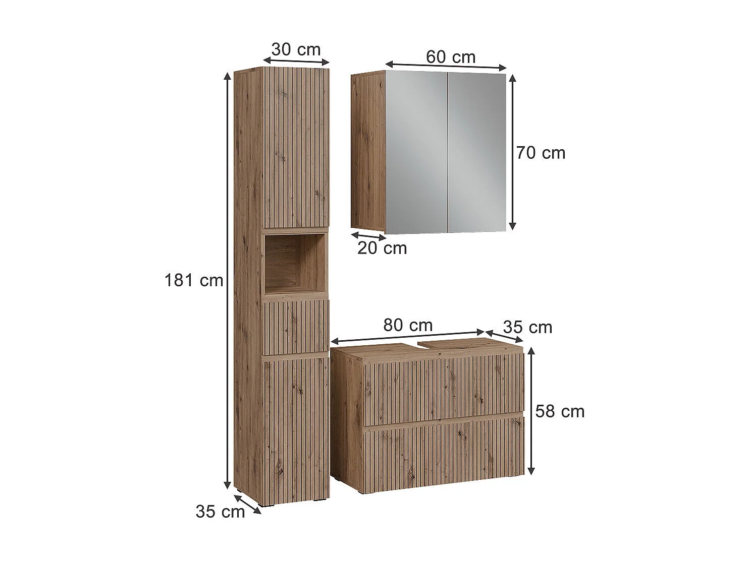 Ensemble de meubles de salle de bain 3 pièces artisan 80x35x58 takumi