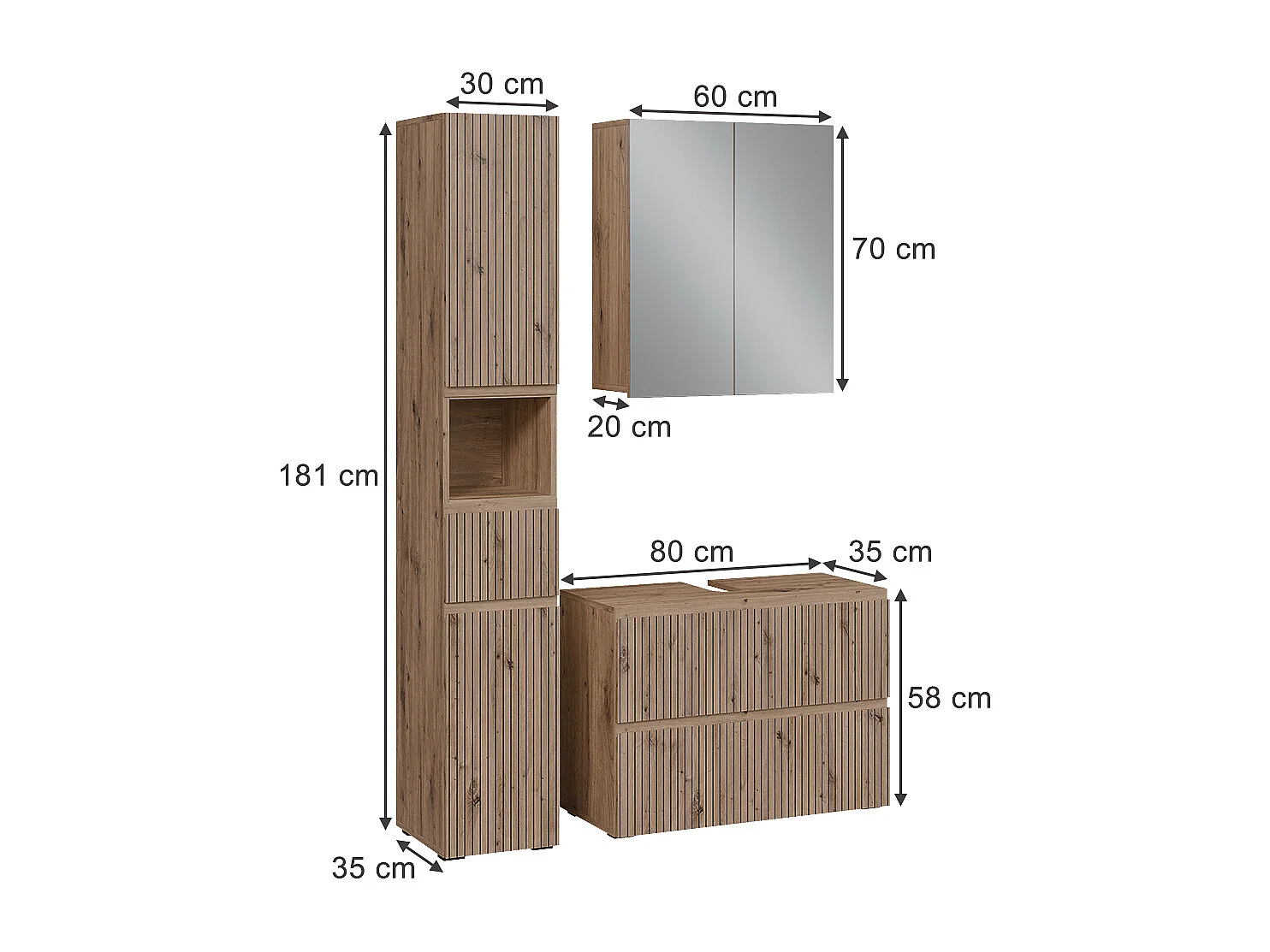 Ensemble de meubles de salle de bain 3 pièces artisan 80x35x58 takumi