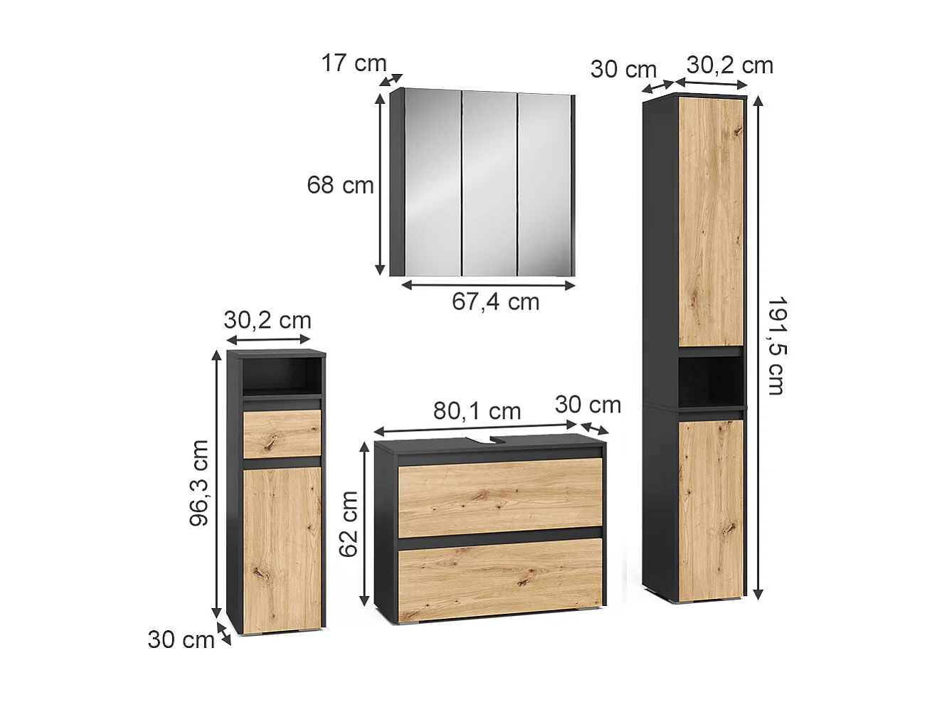 Badkamermeubelset antraciet/artisan 30.2x30x96.3 majest