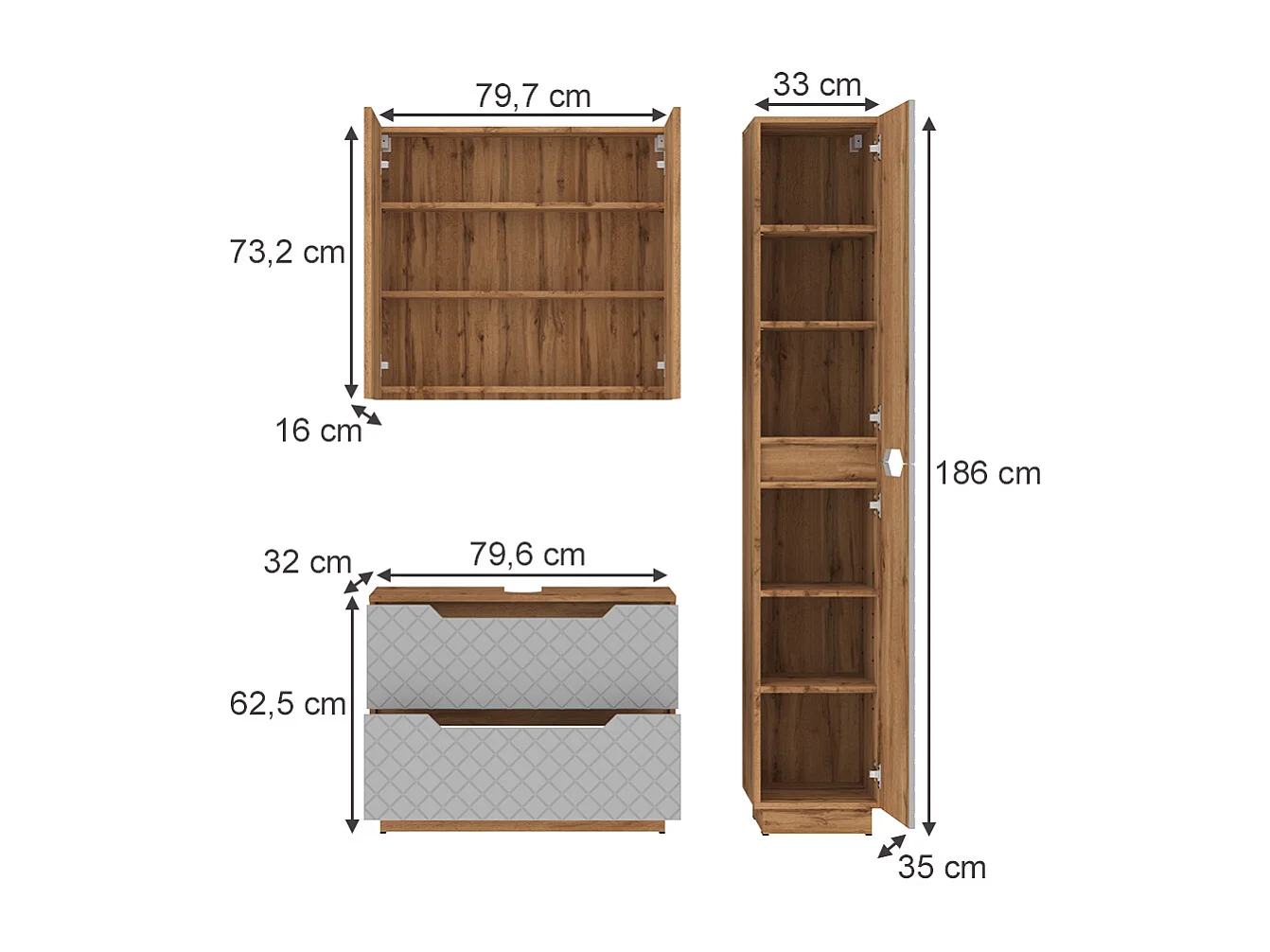 Badmöbel-Set eiche/grau mit kachelstruktur 79.6x32x62.5 lotta