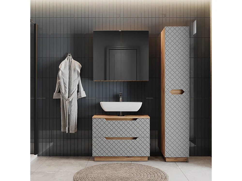 Badmöbel-Set eiche/grau mit kachelstruktur 79.6x32x62.5 lotta