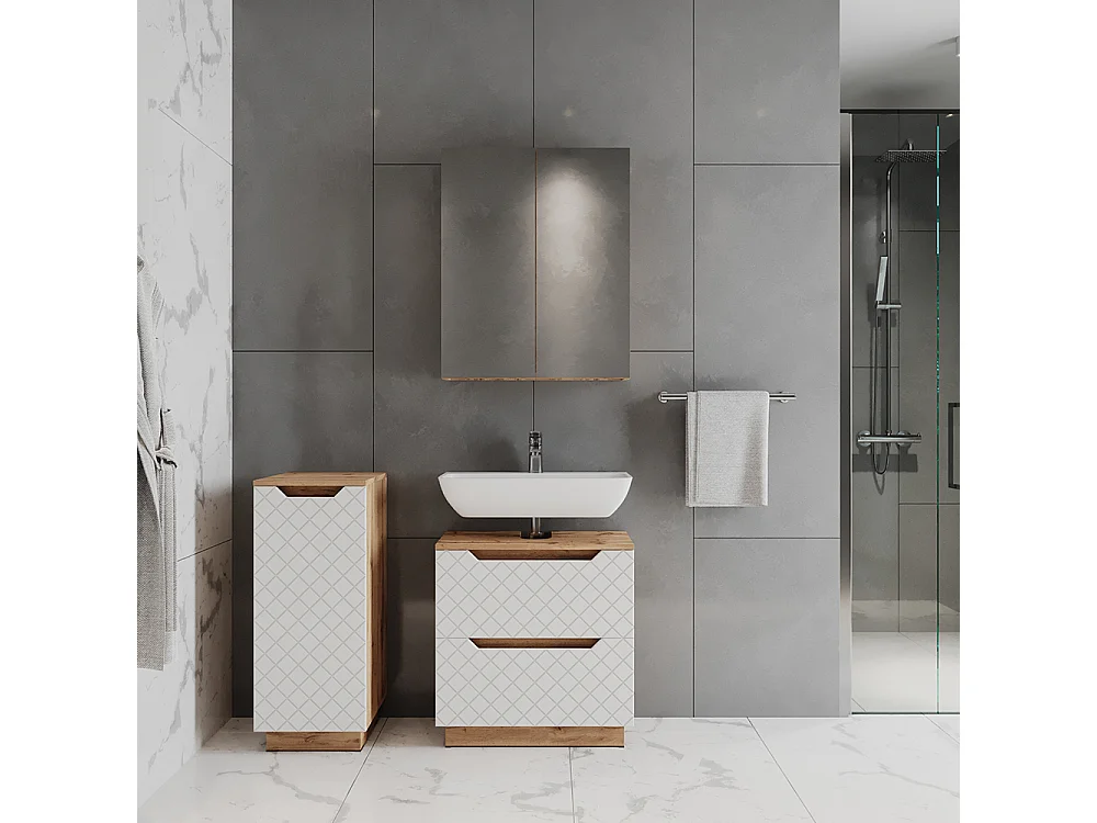 Meubles bain chêne/blanc avec structure en carreaux 59.8x32x62.5 lotta