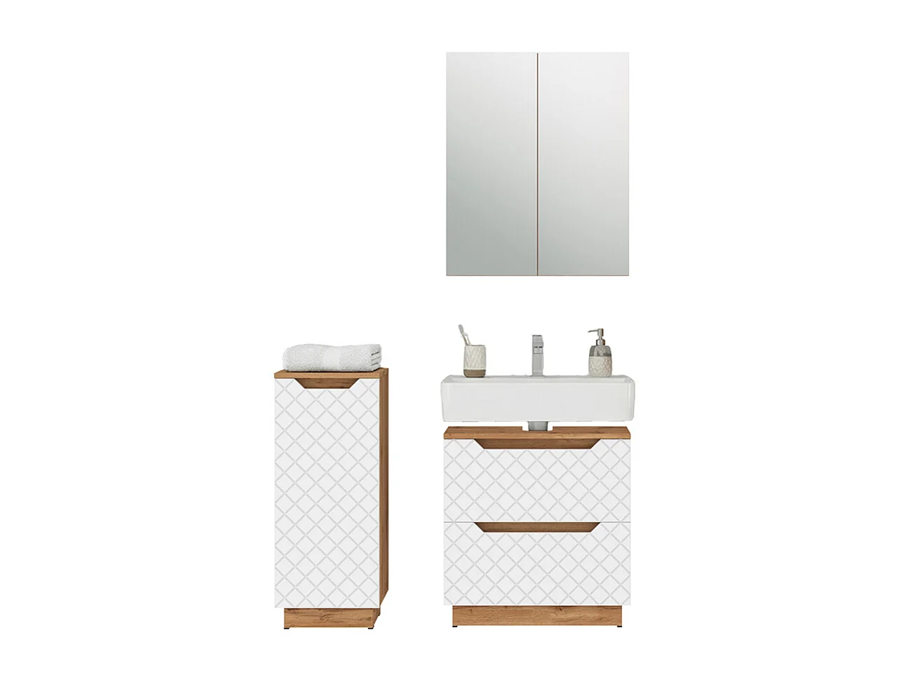 Meubles bain chêne/blanc avec structure en carreaux 59.8x32x62.5 lotta