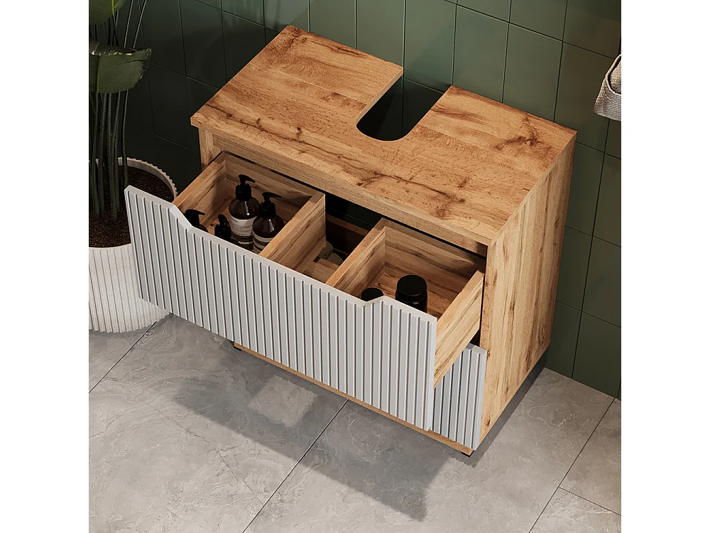 Zestaw mebli łazienkowych dąb/szary w paski 59.8x32x62.5 lotta