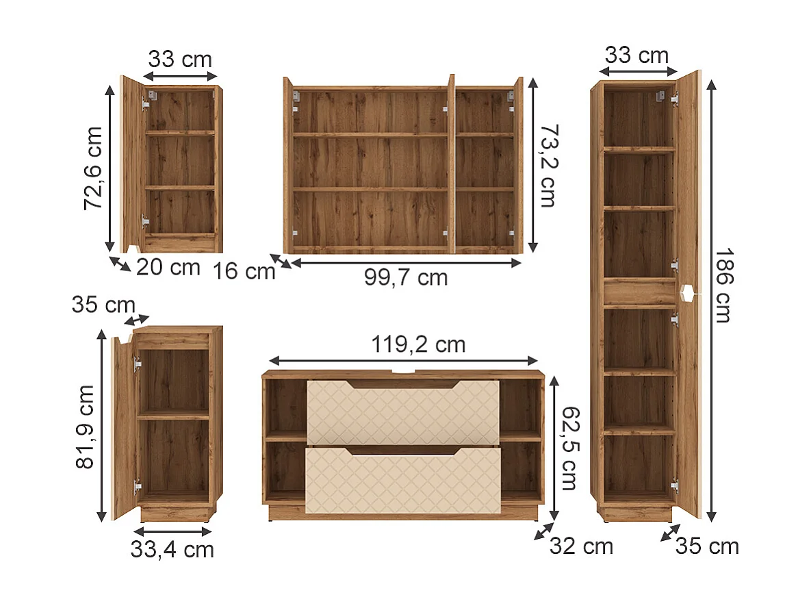 Juego de muebles de baño roble/cachemira con estructura de azulejos 119.2x35x62.5 lotta