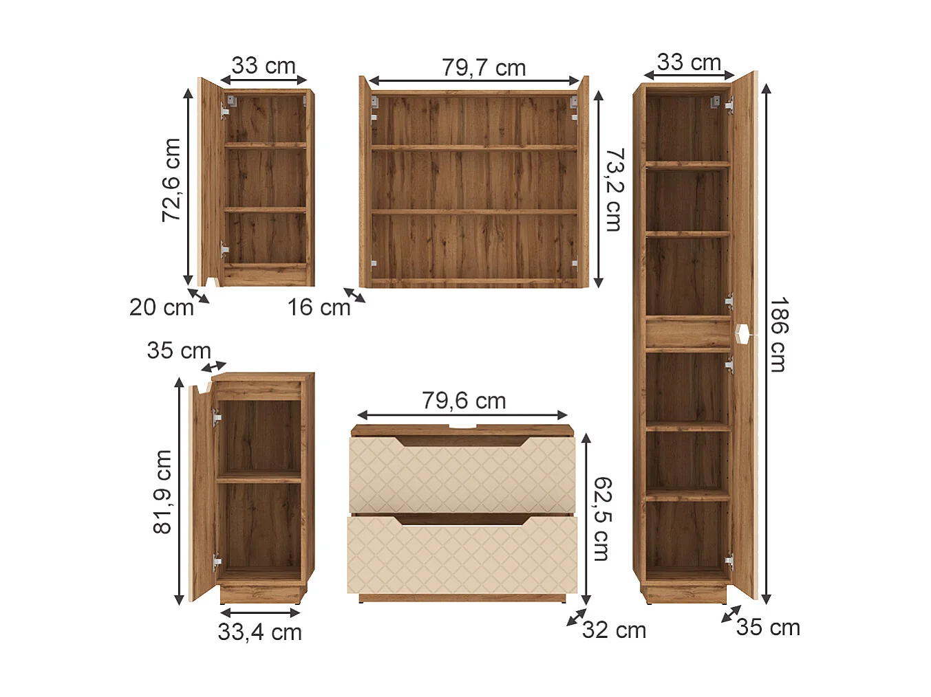 Meubles bain chêne/cachemire avec structure en carreaux 79.6x32x62.1 lotta