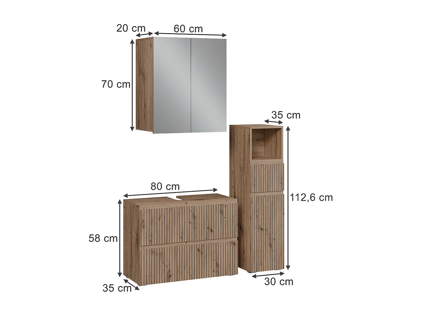 Ensemble de meubles de salle de bain 3 pièces artisan 80x35x58 takumi
