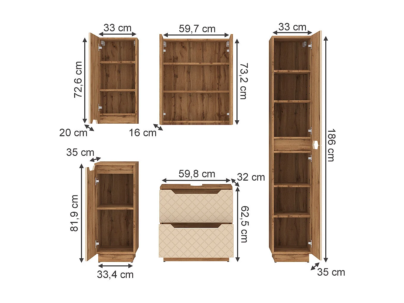 Badkamermeubelset eiken/kasjmier met tegelstructuur 59.8x32x62.5 lotta