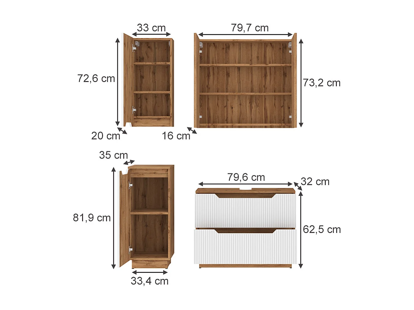 Meubles bain chêne/blanc rayé 79.6x32x62.5 lotta